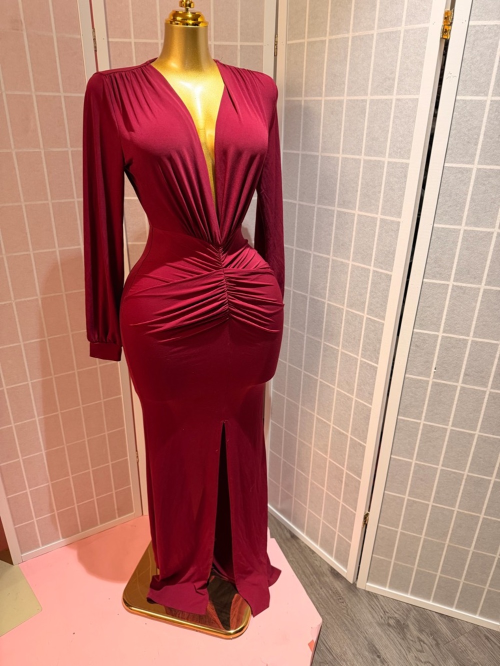 VENUS Burgundy Long Sleeve Ruched Deep V Maxi Dress